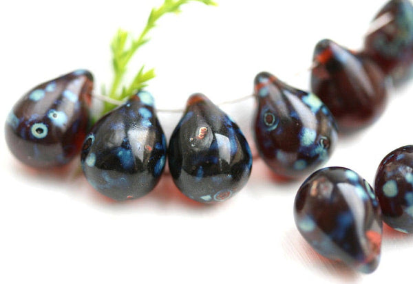 6Pc Dark topaz teardrops czech glass, Large glass Briolettes - 10x14mm