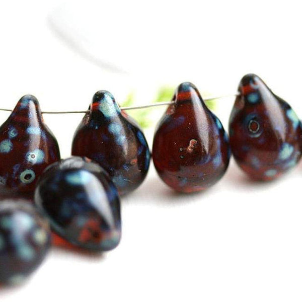 6Pc Dark topaz teardrops czech glass, Large glass Briolettes - 10x14mm