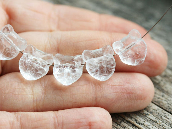 10pc Crystal clear cat beads, side drilled czech beads feline kitten
