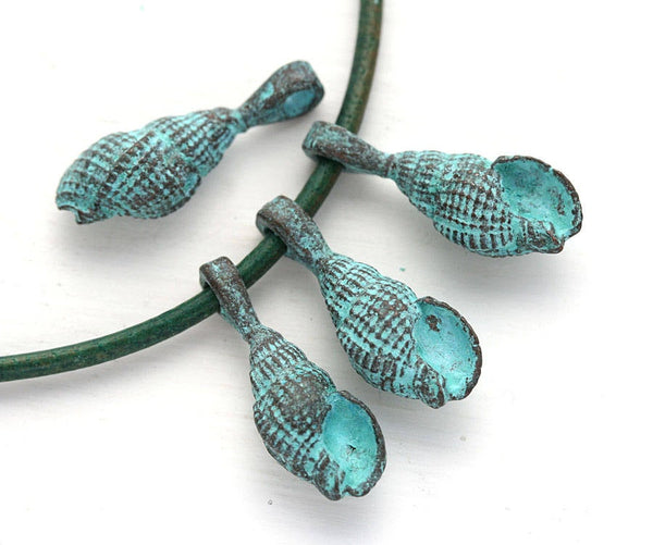 4pc Cone Shell copper charm 22mm, Green patina