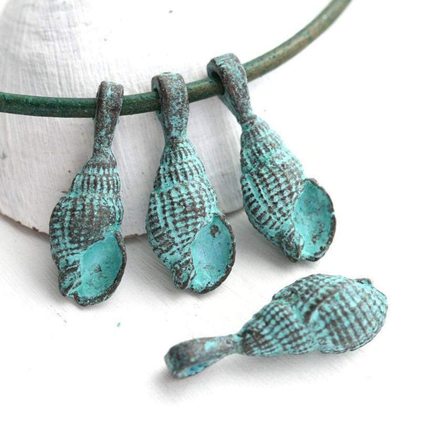 4pc Cone Shell copper charm 22mm, Green patina
