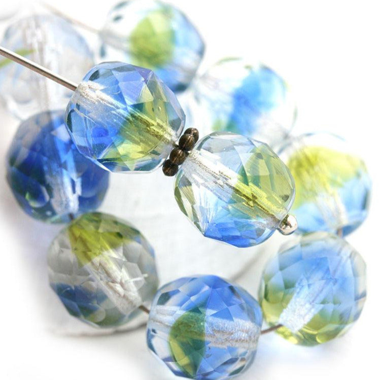 10mm Blue and Green fire polished round Czech glass beads - 10pc