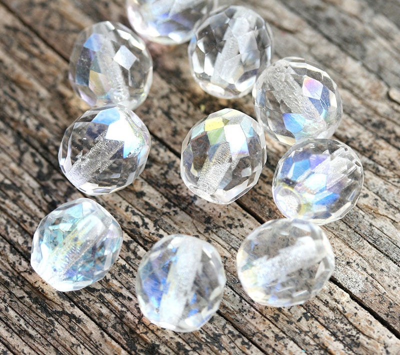10mm Crystal Clear Czech glass fire polished, AB finish beads - 10pc