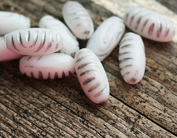 17x8mm White and Silver Ornament oval czech glass beads, 10pc