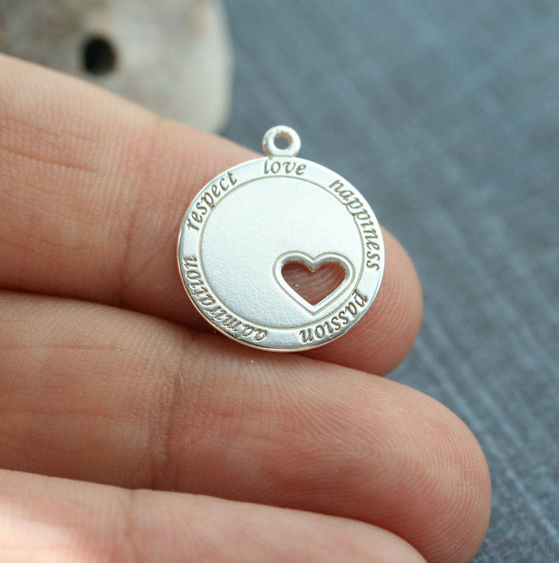 Sterling Silver Engraved charm pendant with words Love, Happiness, Passion, Admiration, Respect, heart pendant - 1pc - F343