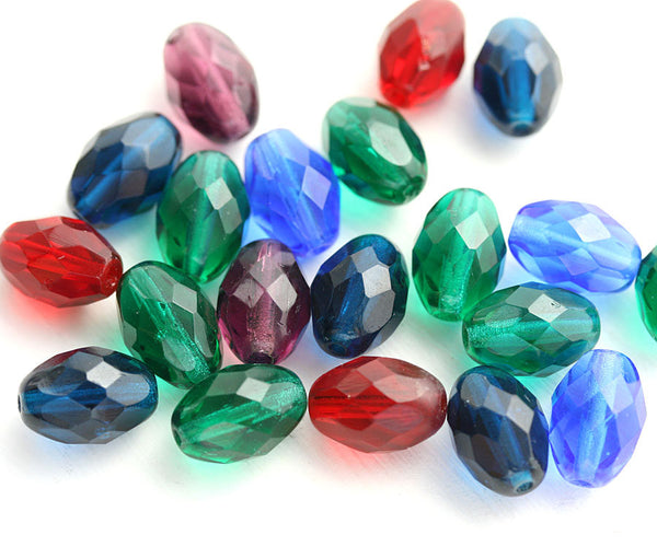 11x8mm Glass beads mix in Jewel tones, Dark Blue, Teal, Purple oval bead - 20Pc