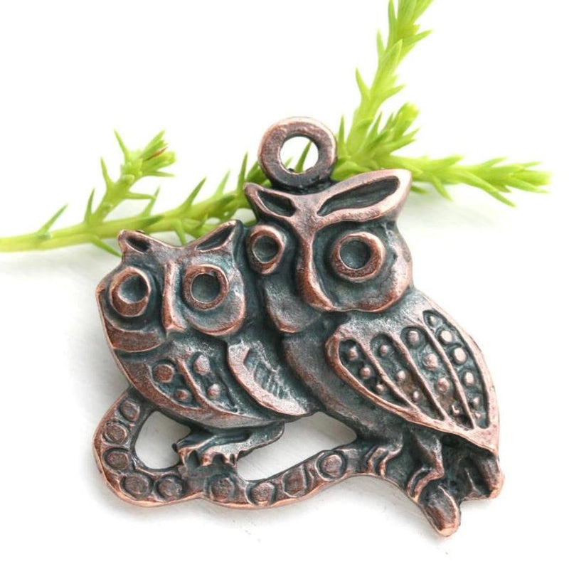 Two owl birds on branch focal bead