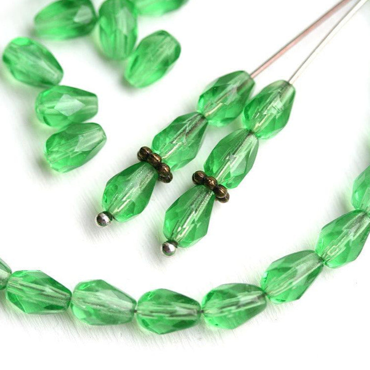 40pc Transparent Spring Green teardrop beads, czech glass pear beads - 7x5mm