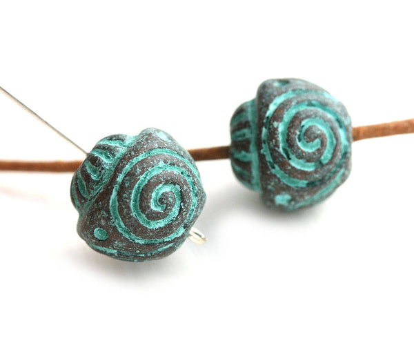 12mm Spiral Carved round greek metal beads Green Patina on copper 2Pc