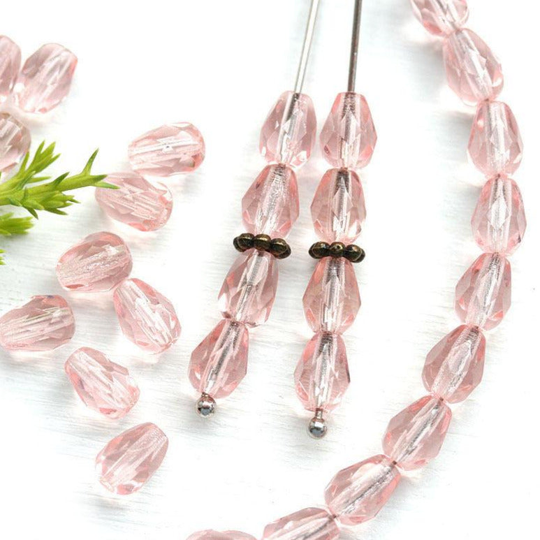 40pc Pink teardrop beads, czech glass pear beads - 7x5mm
