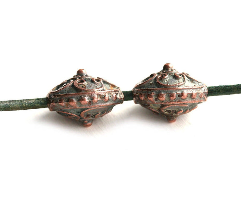15mm Antique Copper Ornament Lentil beads 2Pc