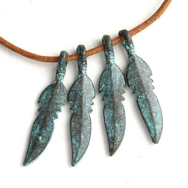 4pc Copper feather charms 28mm, Green patina