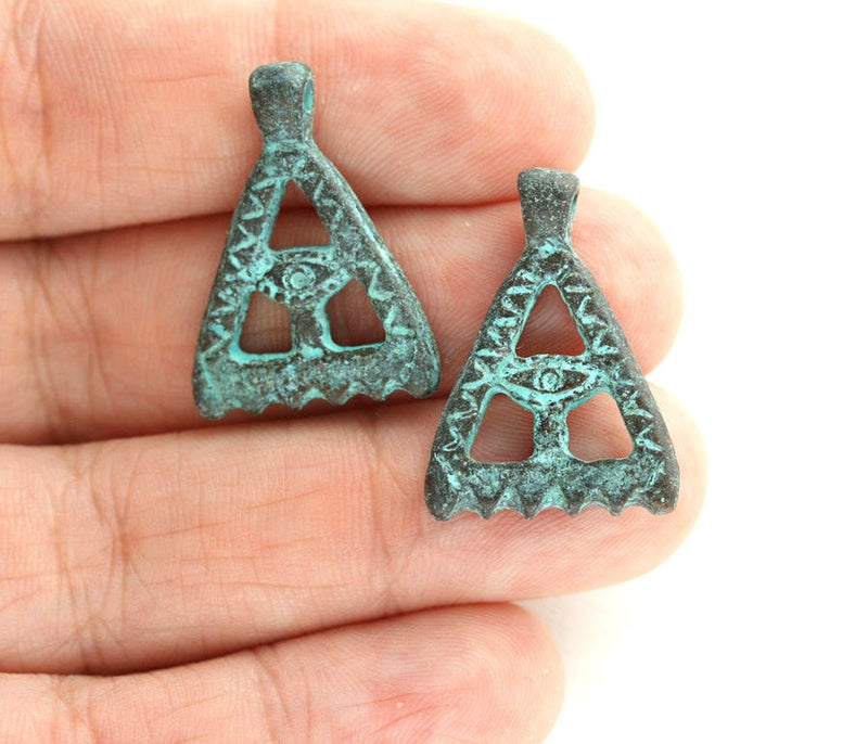 2pc Pyramid Eye triangle charm, Green Patina on copper