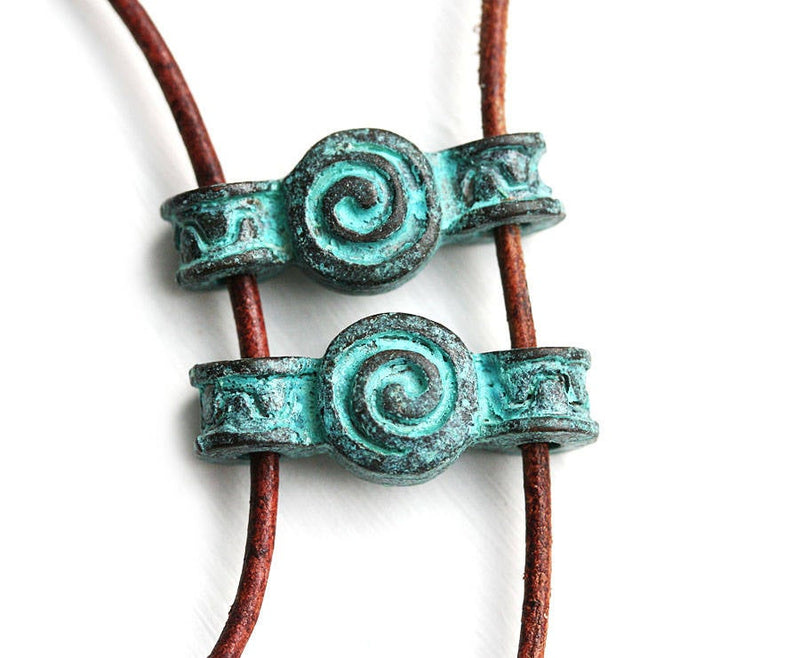2pc Two hole Green Patina Connector, Spiral Ornament