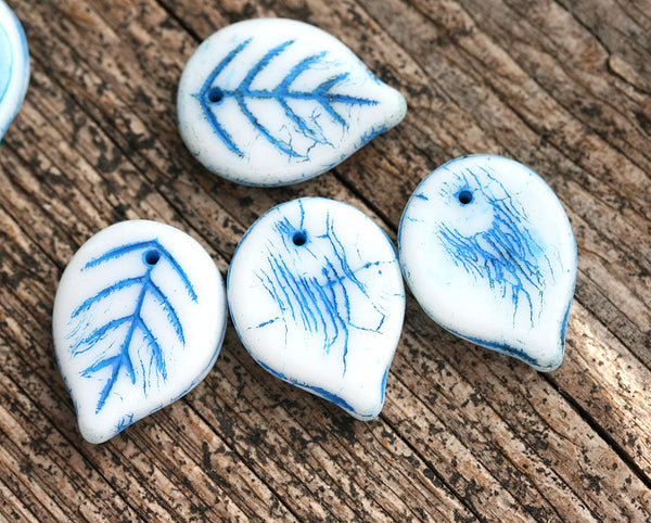 18mm White Large leaf beads, Blue inlays, czech glass leaves, top drilled - 12Pc