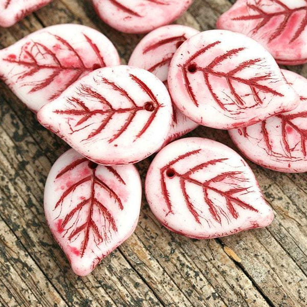 18mm White Large leaf beads, Red inlays czech glass leaves, top drilled - 12Pc