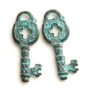 2pc Skeleton key charms, Green patina on copper 32x12mm