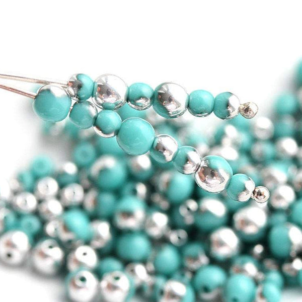3mm 4mm Turquoise green silver beads mix Czech glass spacers - approx.120Pc