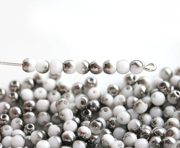 3mm White czech glass beads Dark Metallic Grey luster - 8g
