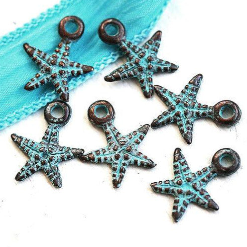 6pc Small Starfish charms Green patina seastar 14mm