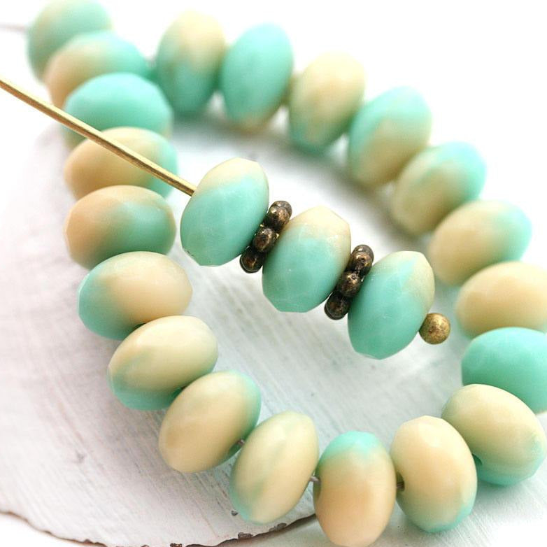 4x7mm Rondelle beads, Matte Turquoise Green and Beige mixed - 25Pc