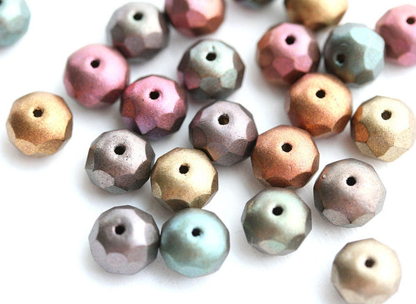 6x9mm Matte Metallic rondelle glass beads mix, Golden, Purple, Brown - 12pc