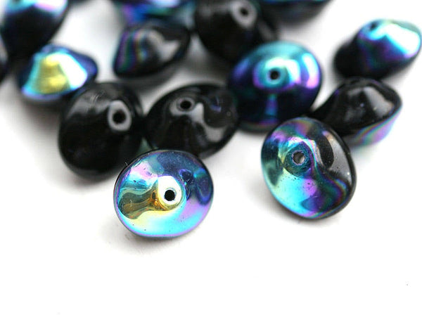 7x11mm Black Saucer Czech glass beads Rainbow finish - 20Pc