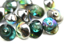 7x11mm Olive green Saucer Czech glass beads, Rainbow finish - 15Pc