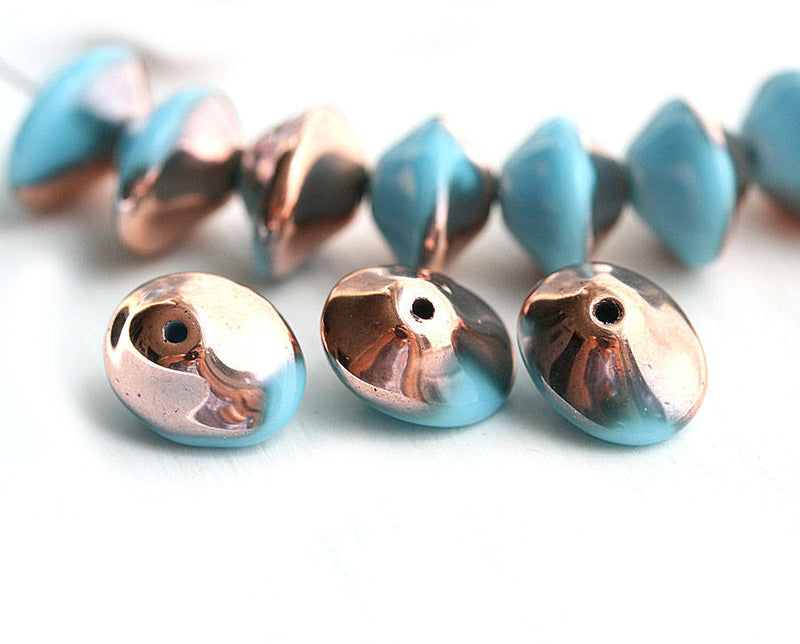 7x11mm Turquoise Blue Saucer glass beads, Bright Copper luster - 10Pc