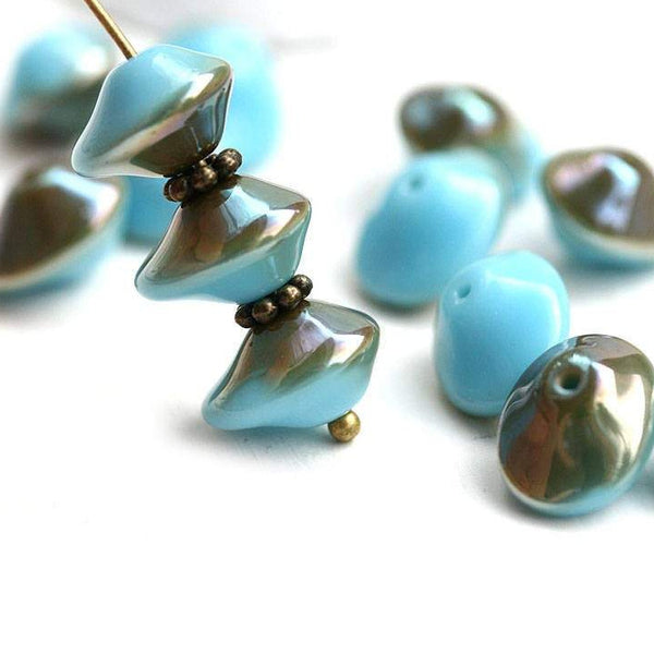 7x11mm Turquoise Blue Saucer Czech glass beads Bronze luster - 10Pc