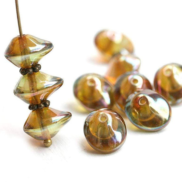 7x11mm Yellow Green Czech glass Saucer beads, Rainbow finish - 15Pc