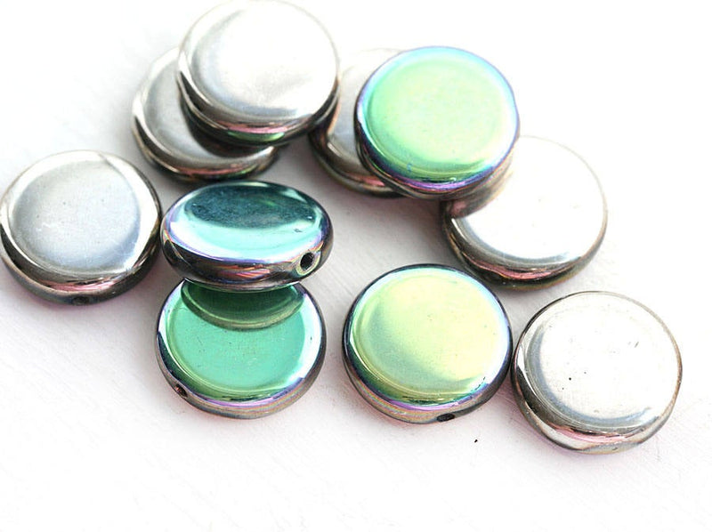 15mm Coin Czech Silver beads with mirror finish, round tablet beads - 10Pc