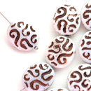 17mm White Oval beads Czech glass beads with brown ornament - 8Pc