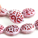 17mm Large Oval white Czech glass beads with red ornament - 8Pc