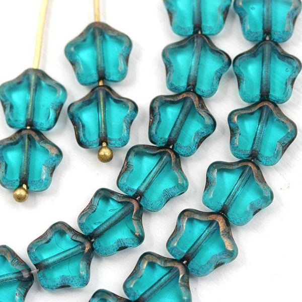 8mm Small Star beads, Teal Blue czech glass beads, Old Gold luster - 20Pc