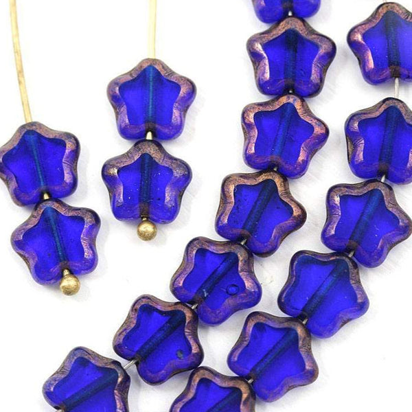 8mm Small Star beads, Dark Blue czech glass beads, Old Gold luster - 20Pc