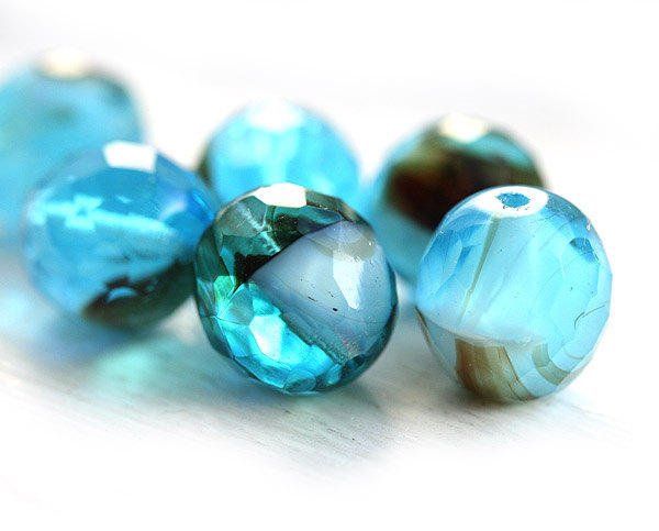 12mm Aqua Blue Czech Glass beads, Mixed blue tortoise fire polished large ball beads - 4Pc