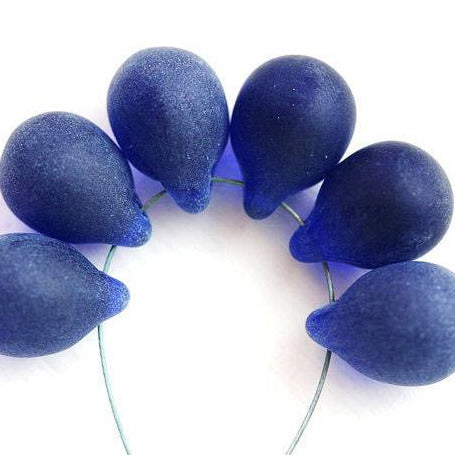 6Pc  Matte Dark Blue glass Teardrop beads, frozen Blue czech glass beads - 10x14mm