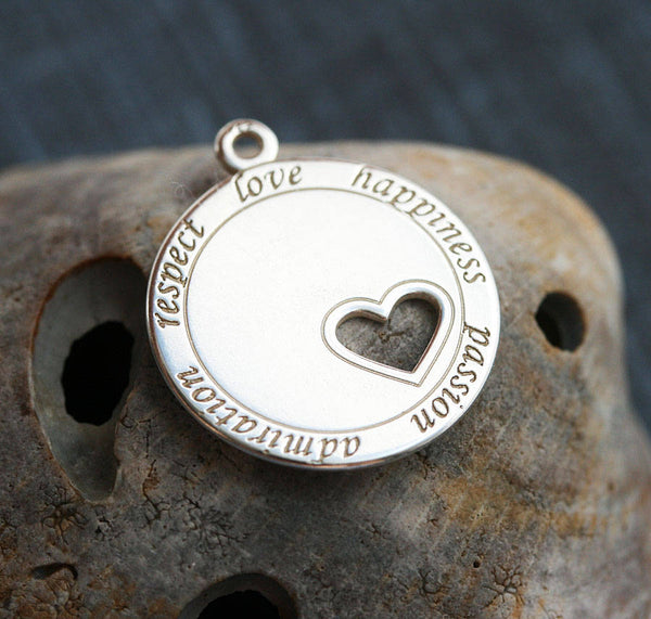 Sterling Silver Engraved charm pendant with words Love, Happiness, Passion, Admiration, Respect, heart pendant - 1pc - F343