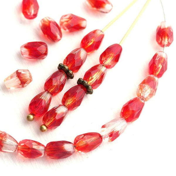 40pc Mixed Red teardrop beads, Red and crystal clear czech glass pear beads - 7x5mm