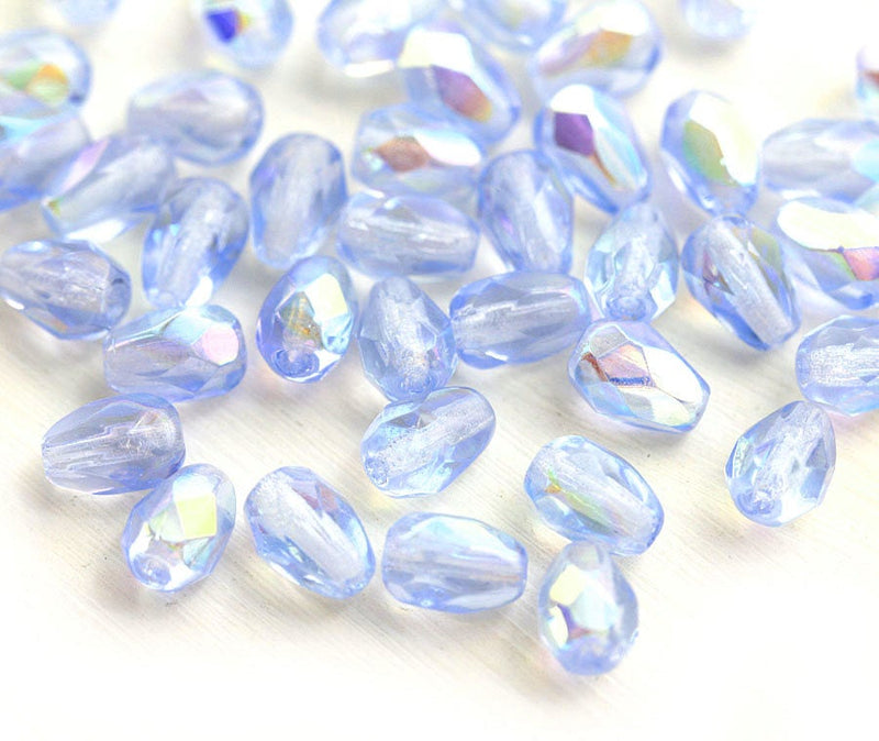 40pc Blue teardrop beads AB finish, czech glass pear beads - 7x5mm