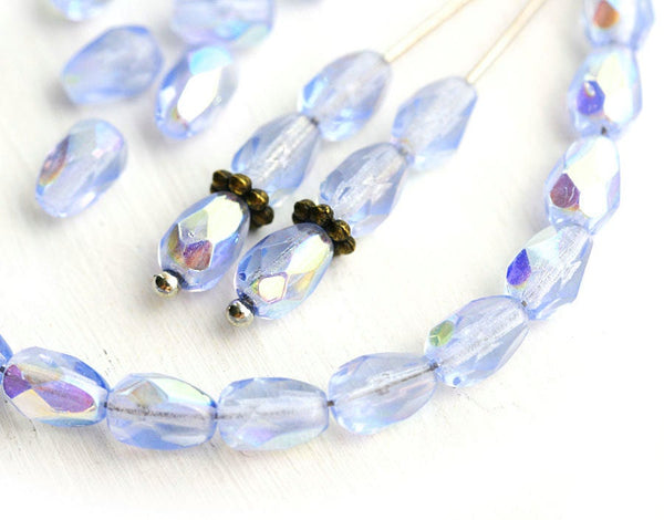 40pc Blue teardrop beads AB finish, czech glass pear beads - 7x5mm