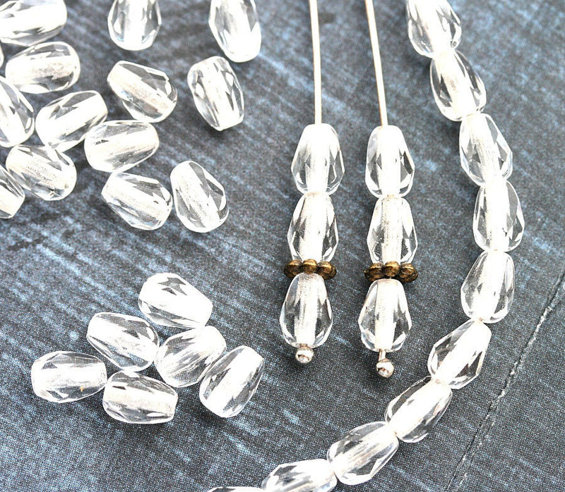 40pc Crystal Clear teardrop beads, White lined czech glass pear beads - 7x5mm