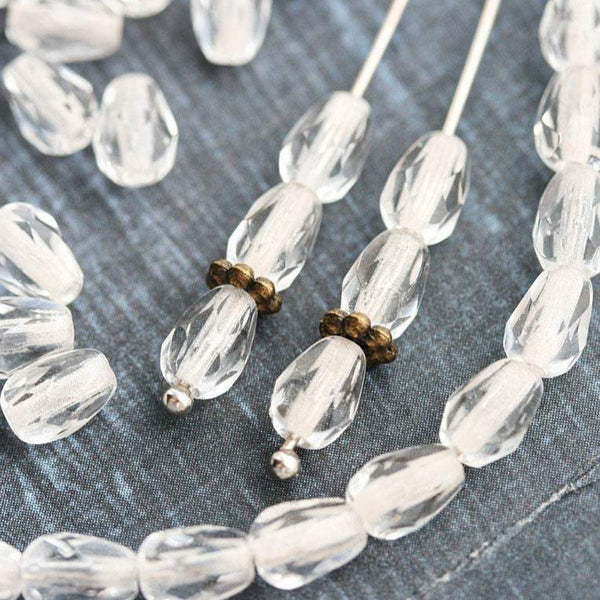 40pc Crystal Clear teardrop beads, White lined czech glass pear beads - 7x5mm