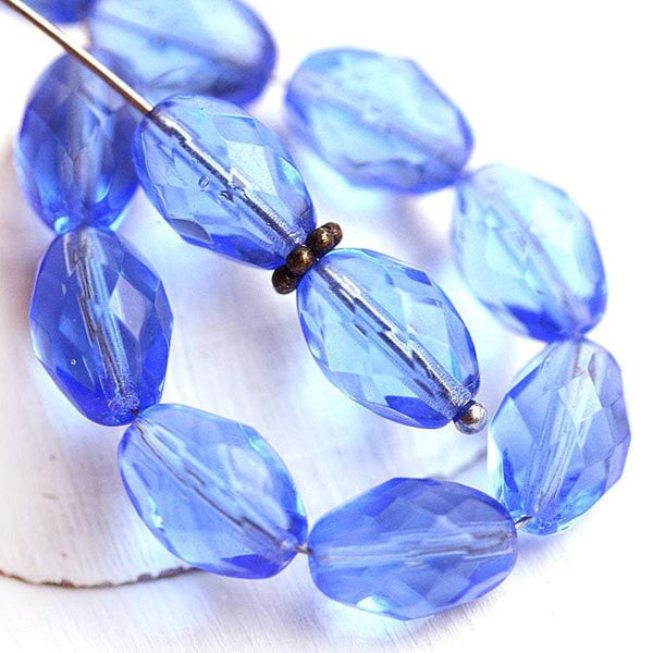 11x8mm Sapphire Blue barrel shaped beads, czech glass fire polished oval beads - 20Pc