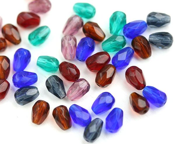 40pc Jewel tones teardrop beads mix, Blue Red Purple Teal czech glass pear beads- 7x5mm