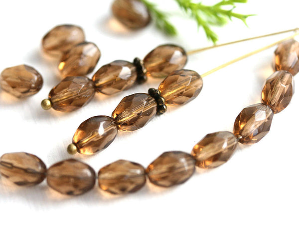 8x6mm Smokey Topaz barrel beads, brown czech glass fire polished - 30Pc
