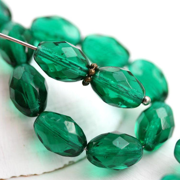 11x8mm Teal Green barrel beads, czech glass fire polished oval beads - 20Pc
