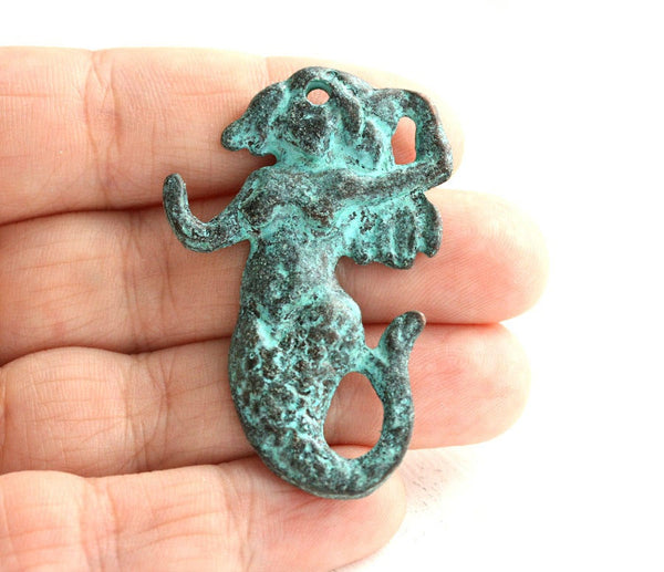 Extra Large Mermaid pendant, Green Patina
