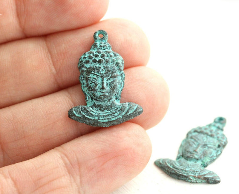 2pc Buddha face charms Green patina